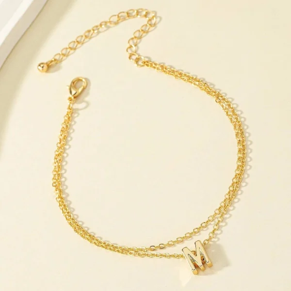 Double Chain Custom Initial Name Anklet 18k Gold