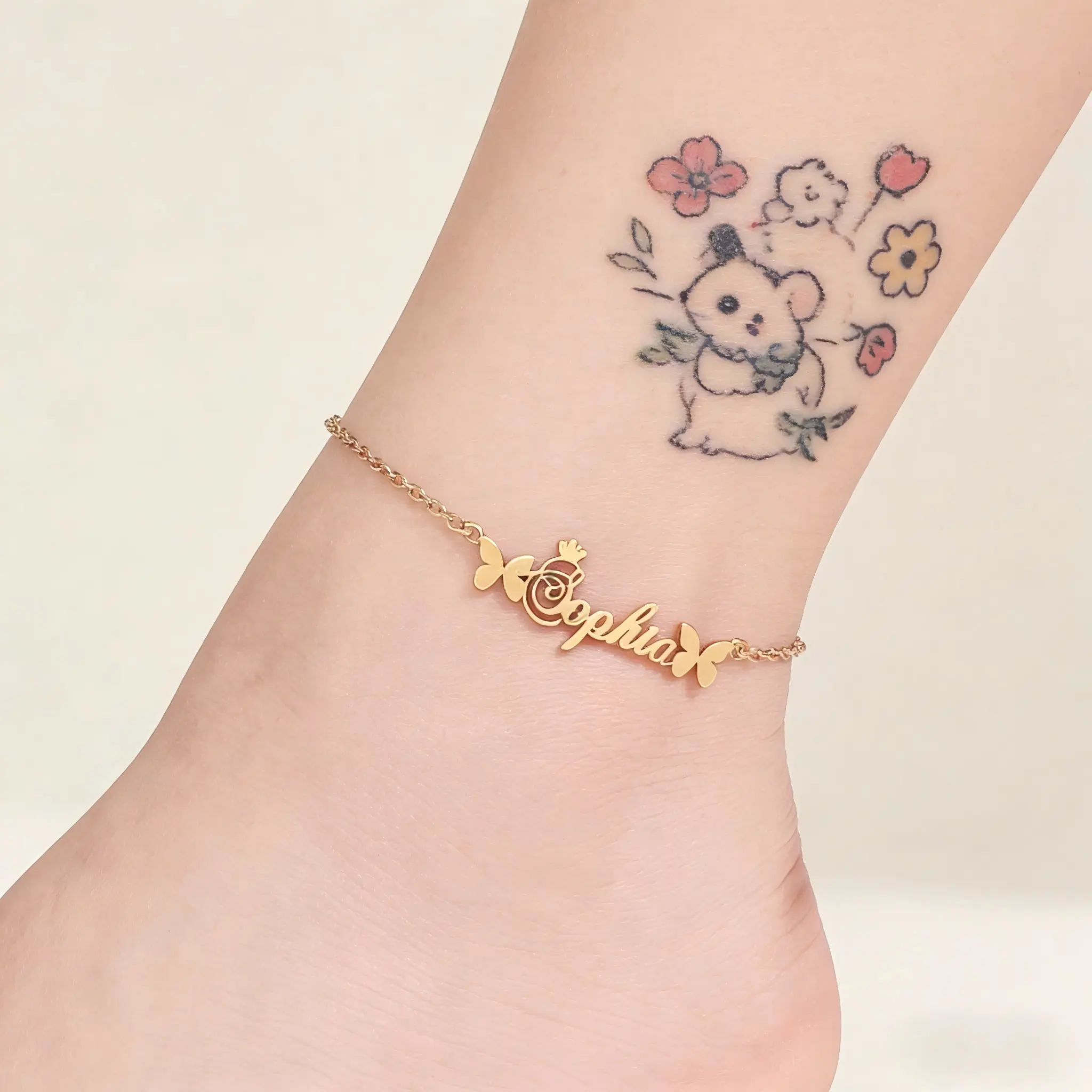 Custom name anklet worn on ankle