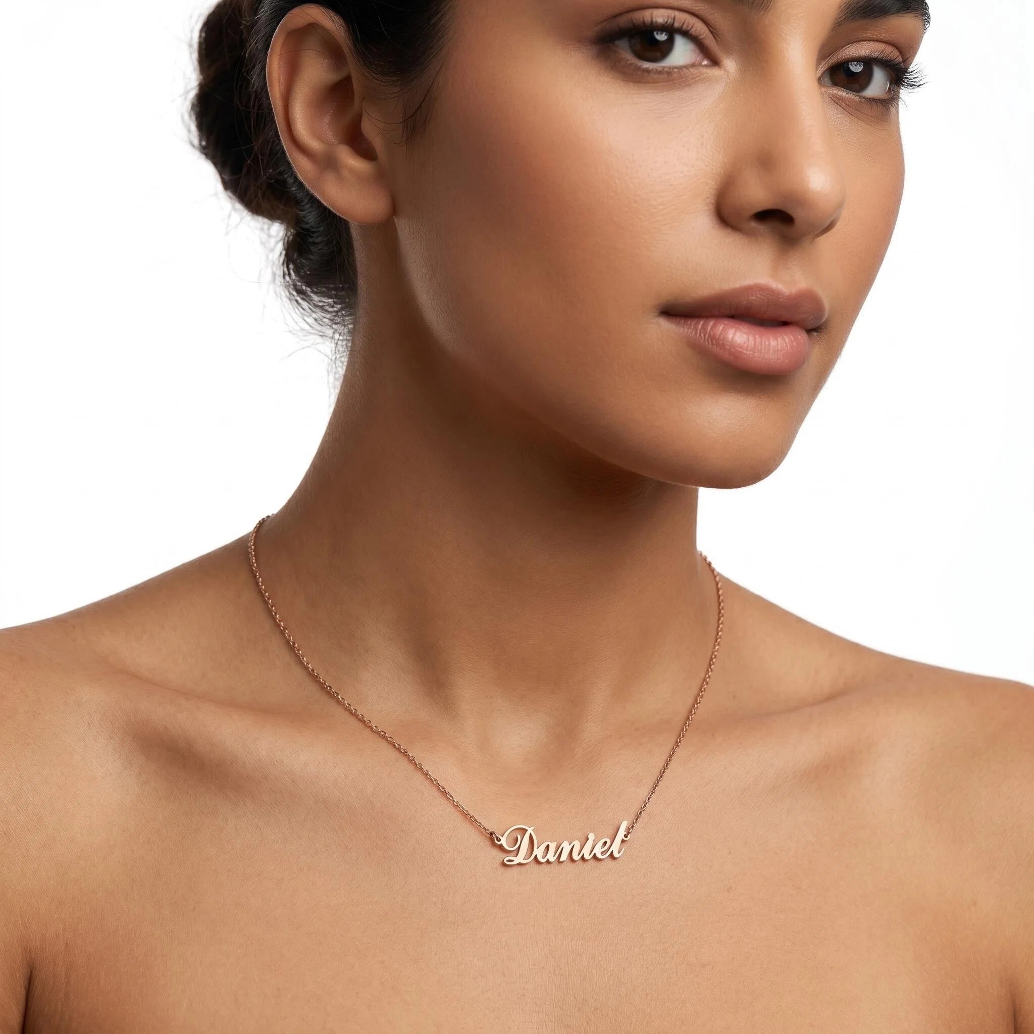 Rose gold name necklace worn solo — personalized celebrity necklace trend 2026