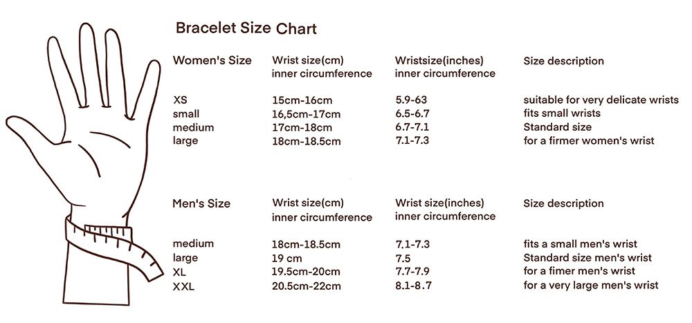 Bracelet size chart — average women and men wrist size guide in cm and inches