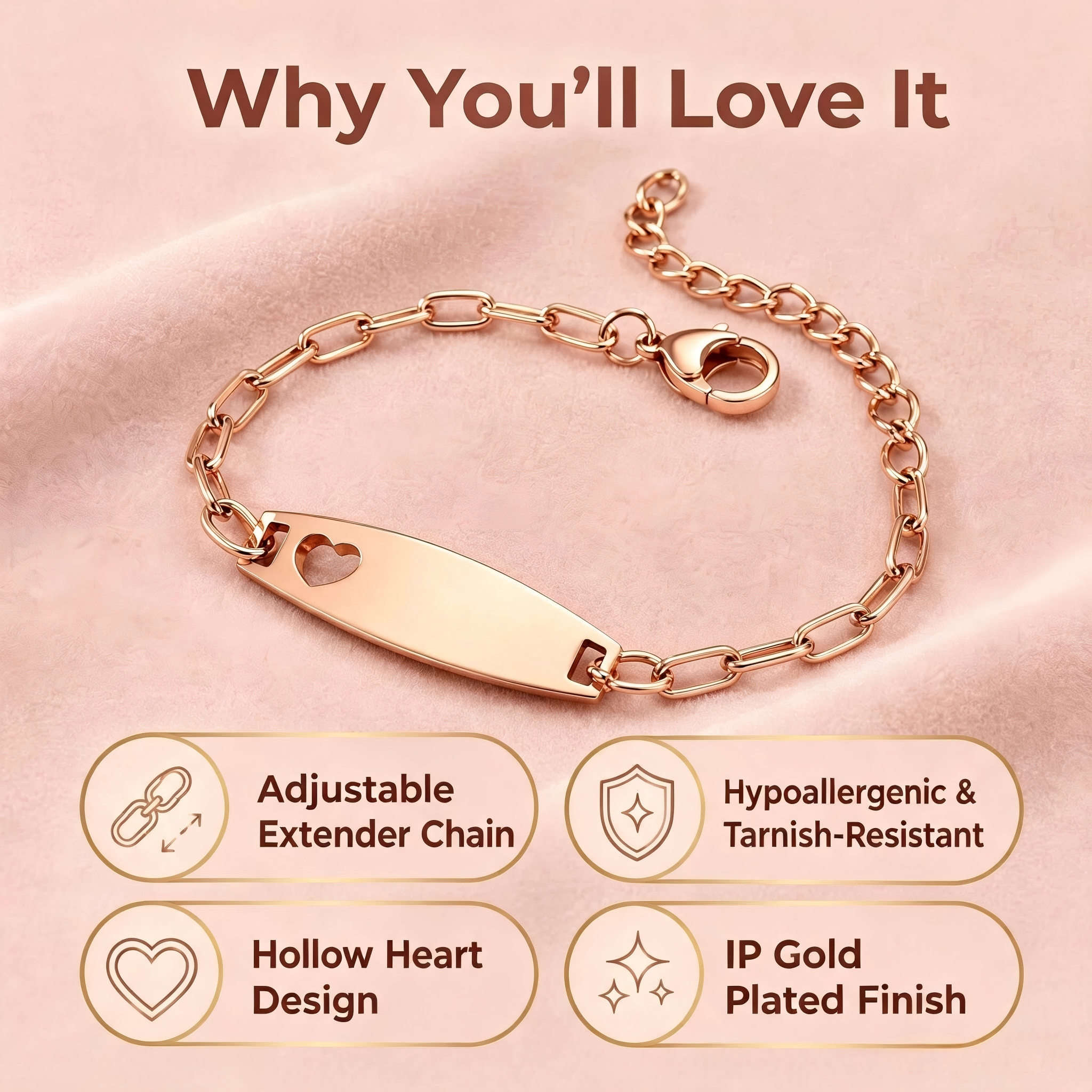 Children's name bracelet customization options — cutout design, color, engraving