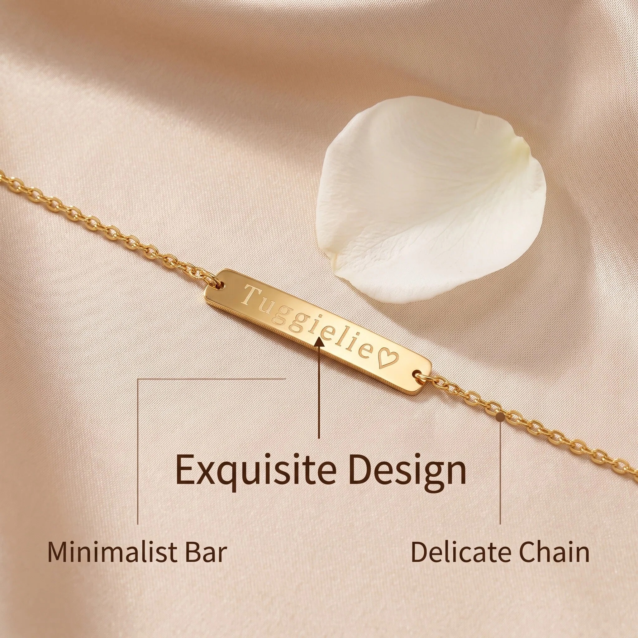 Engraved name anklet bar pendant detail — minimalist bar with name engraving